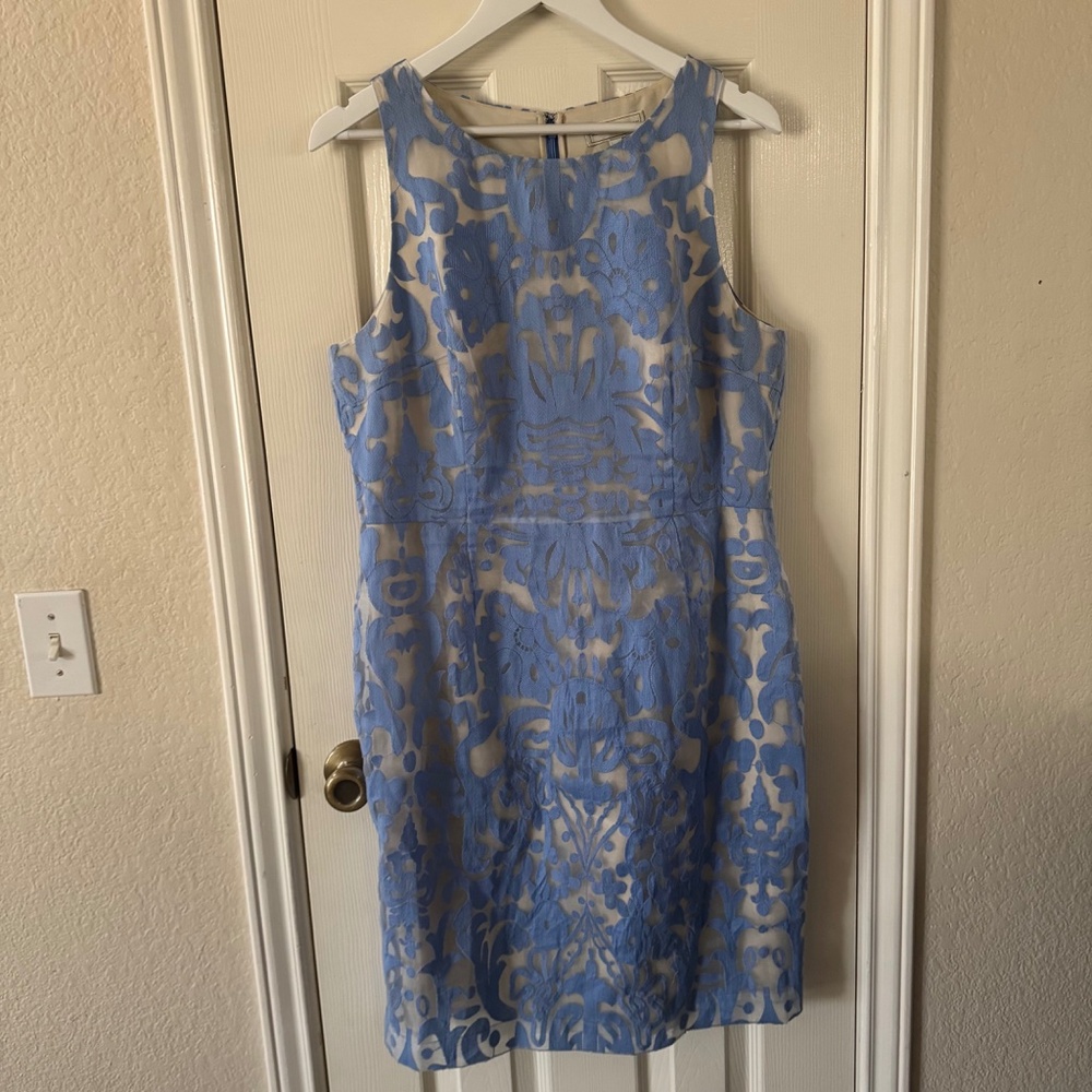 Sleeveless Blue Lace Midi Dress with Cream Underlay